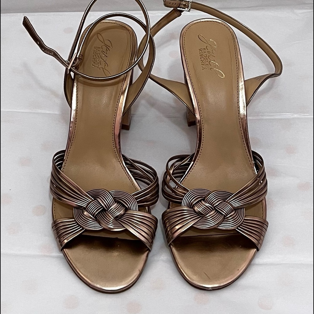 Badgley Mischka rose gold Krystal knotted block heels